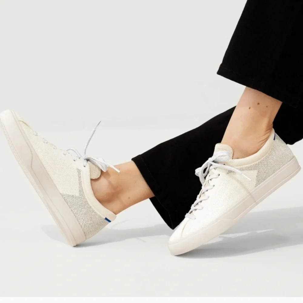 Rothy's The Lace Up Sneakers in Diamond Twill Shoes Cream Silver Size 9 NEW - Picture 1 of 11
